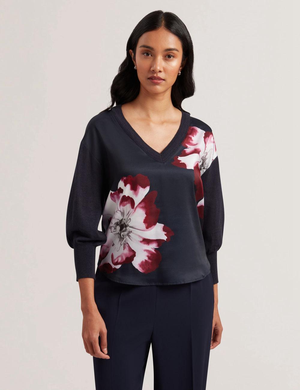 Ted Baker CASEYJ - Printed Woven Front V-Neck Women Jumpers Navy | UAE  98432-NORI