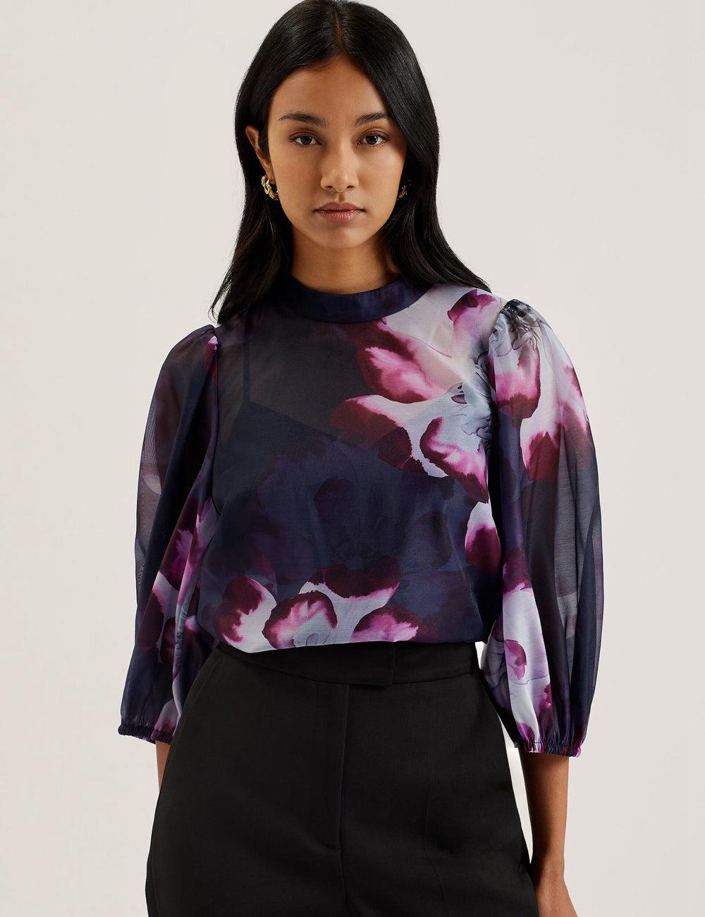 Ted Baker CATALO - Floral Print Balloon Sleeve Organza Top Women Blouses Navy | UAE  05218-QANB