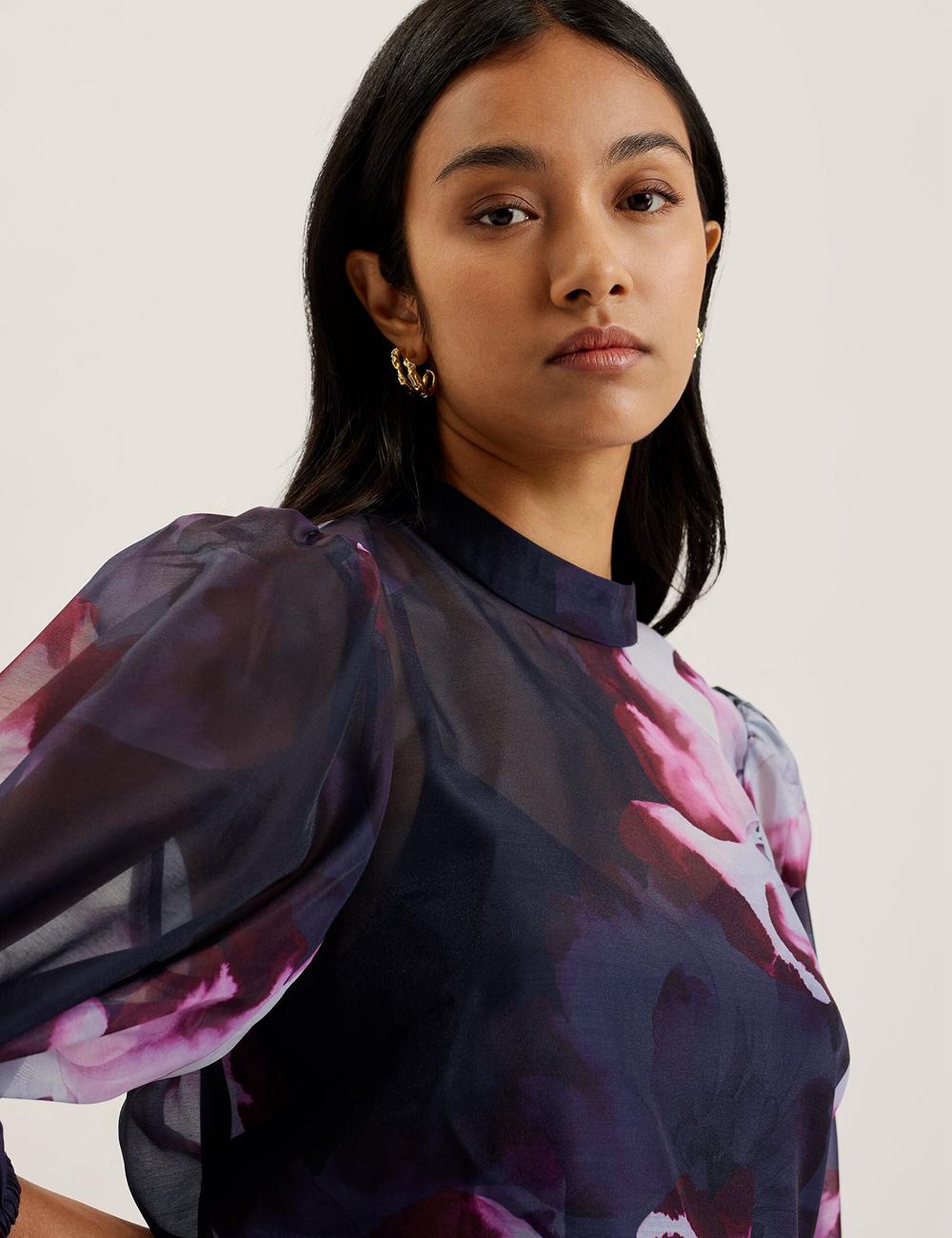 Ted Baker CATALO - Floral Print Balloon Sleeve Organza Top Women Blouses Navy | UAE  05218-QANB