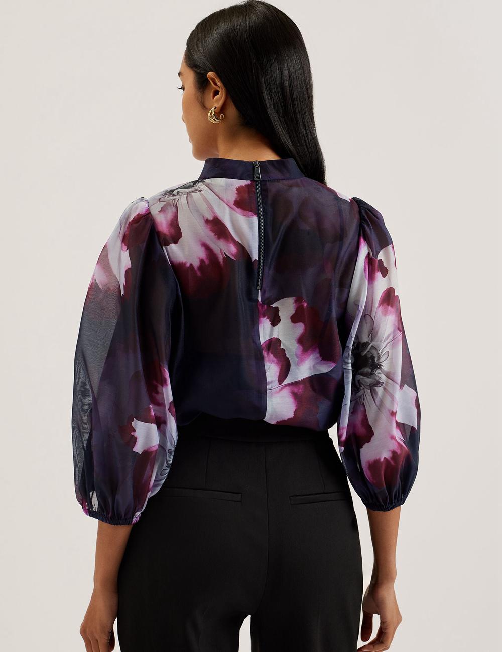 Ted Baker CATALO - Floral Print Balloon Sleeve Organza Top Women Blouses Navy | UAE  05218-QANB