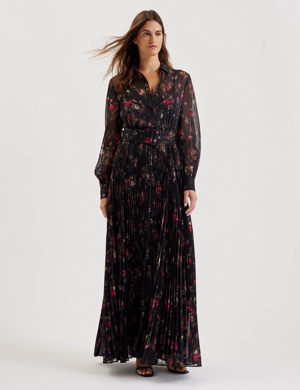Ted Baker CEIBA - Floral Print Pleated Maxi Shirt Women Maxi Dresses Black | UAE  67423-KOMI