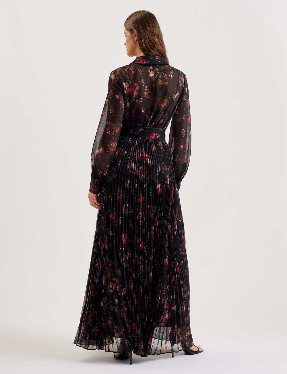 Ted Baker CEIBA - Floral Print Pleated Maxi Shirt Women Maxi Dresses Black | UAE  67423-KOMI