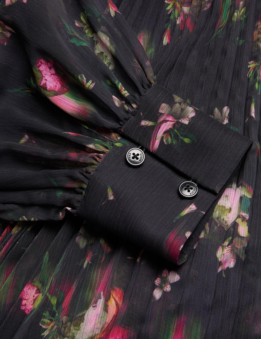 Ted Baker CEIBA - Floral Print Pleated Maxi Shirt Women Maxi Dresses Black | UAE  67423-KOMI