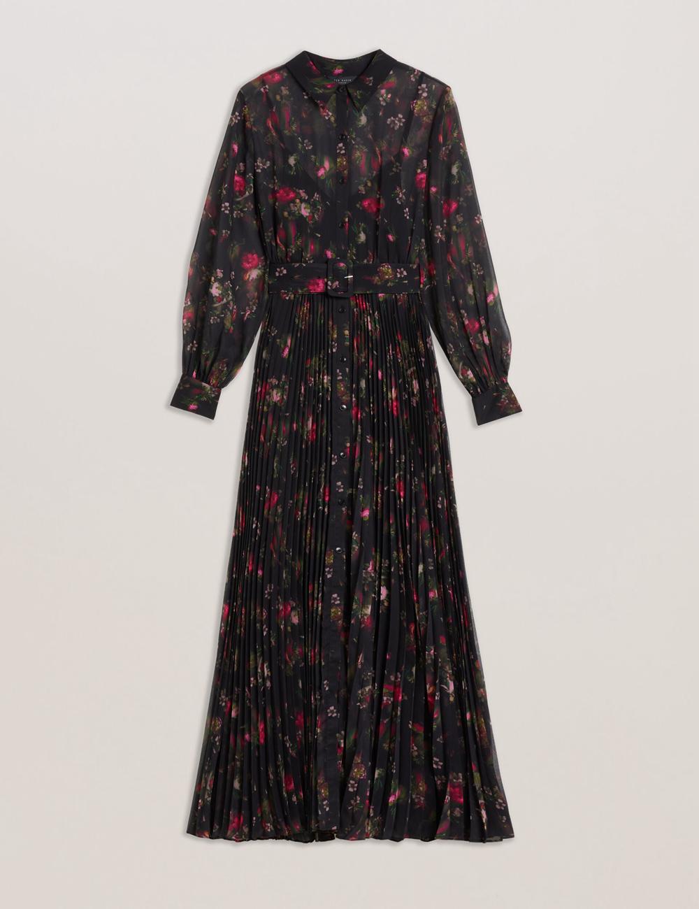 Ted Baker CEIBA - Floral Print Pleated Maxi Shirt Women Maxi Dresses Black | UAE  67423-KOMI