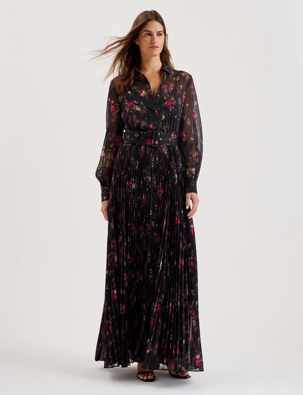 Ted Baker CEIBA - Floral Print Pleated Maxi Shirt Women Maxi Dresses Black | UAE  67423-KOMI
