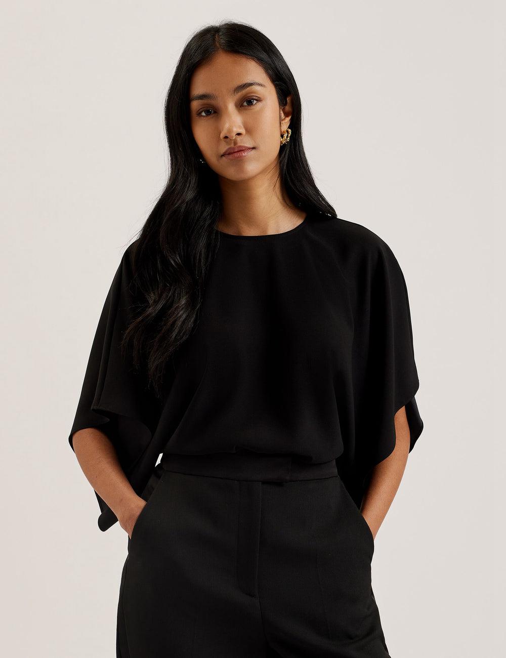 Ted Baker CHERIKA - Batwing Short Sleeve Satin Women Blouses Black | UAE  72861-BTKI