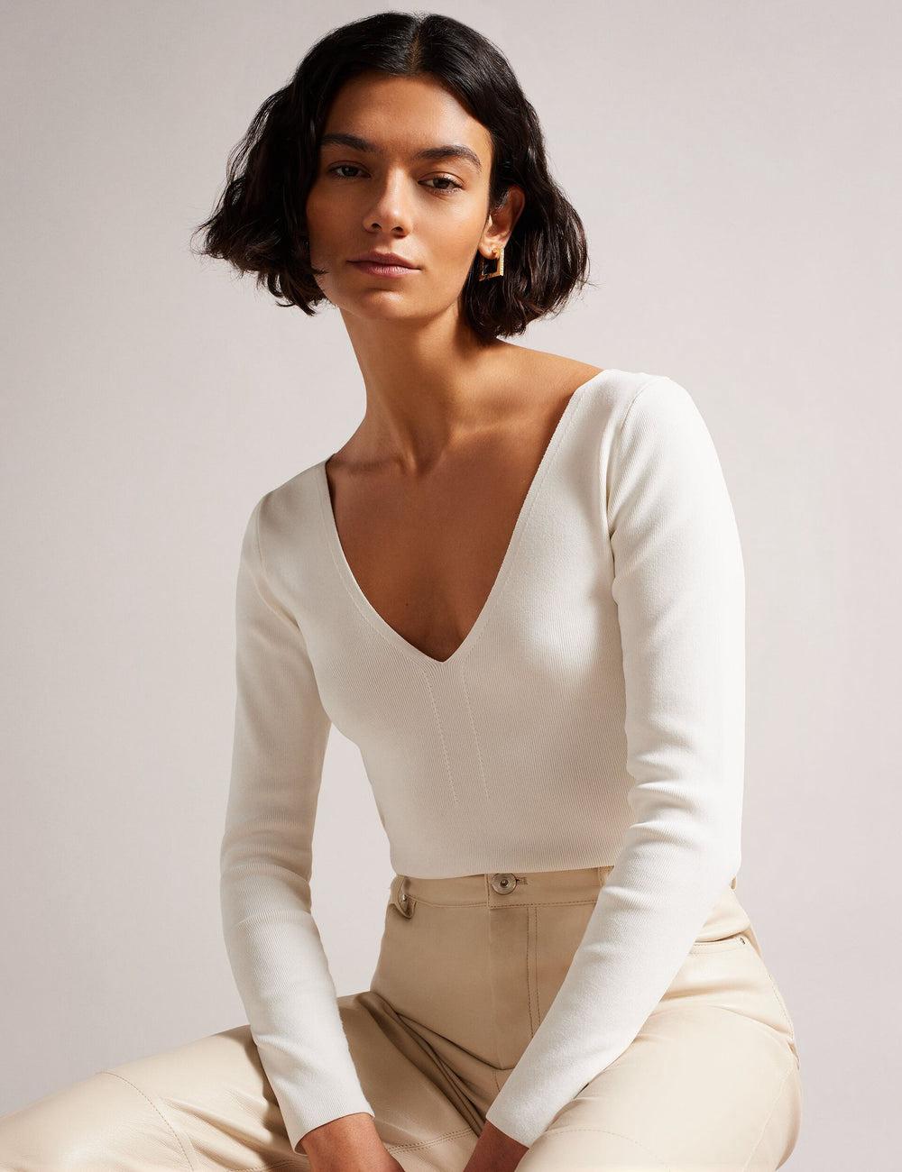 Ted Baker CILESTE - Fitted V-Neck Long Sleeve Knit Top Women Jumpers Ivory | UAE  14972-PXRQ