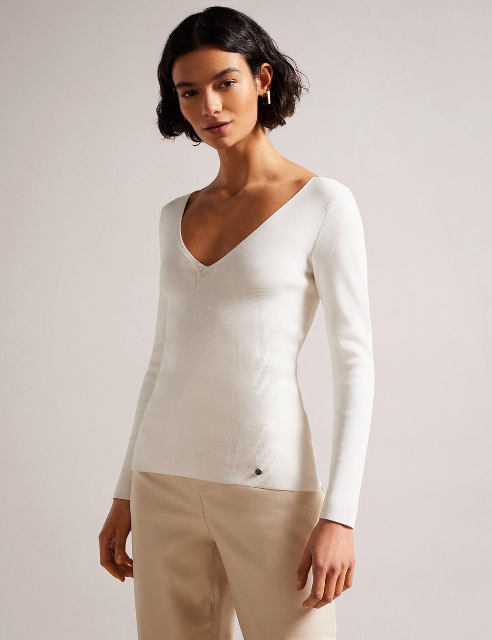 Ted Baker CILESTE - Fitted V-Neck Long Sleeve Knit Top Women Jumpers Ivory | UAE  14972-PXRQ