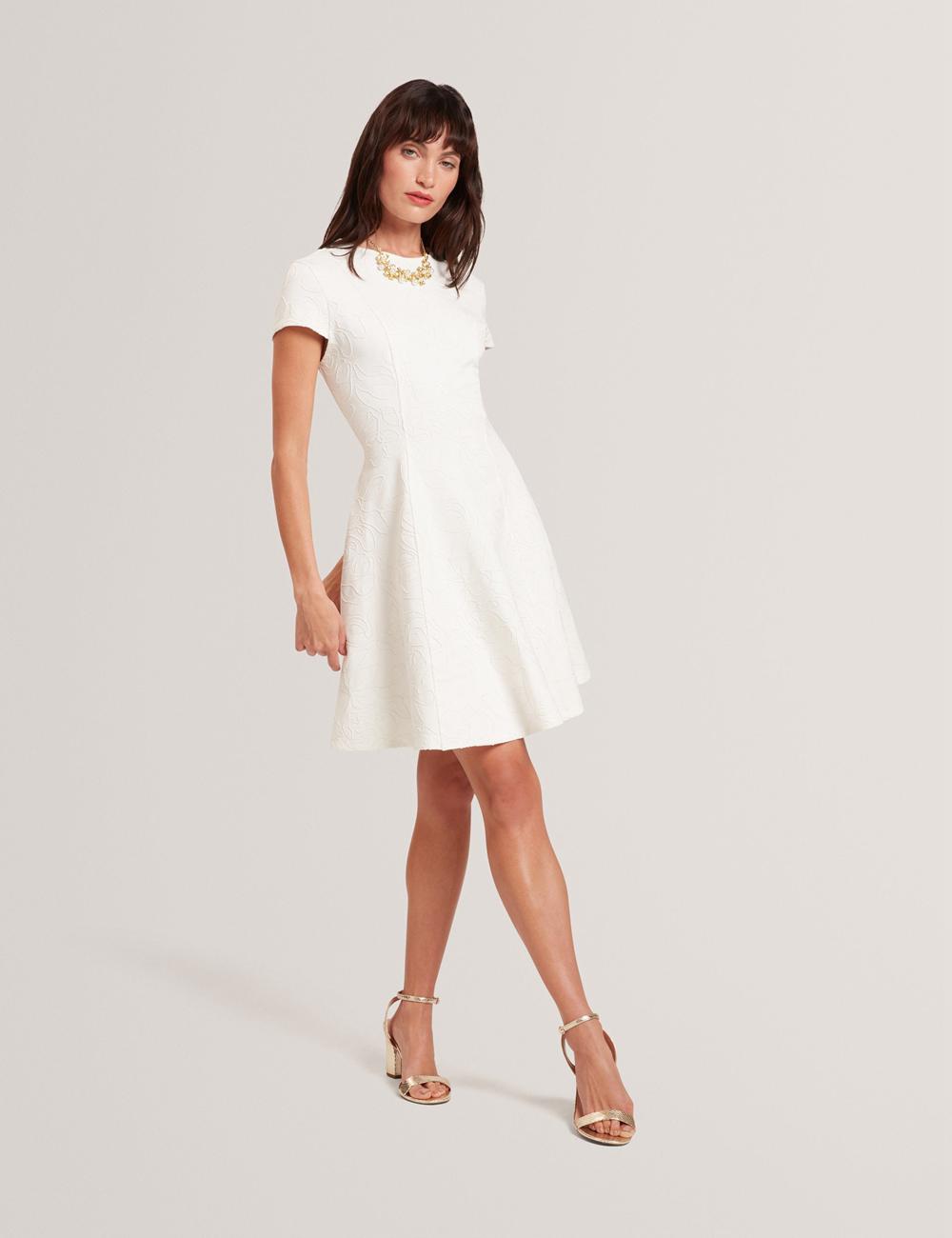 Ted Baker CLODAA - Embroidered Short Sleeve Skater Women Mini Dresses Ivory | UAE  19745-TFMP