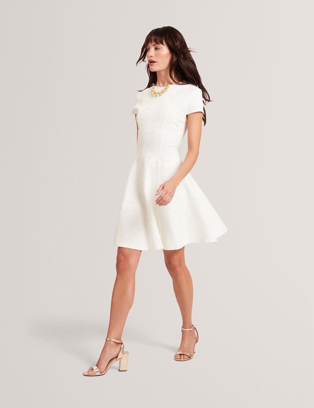 Ted Baker CLODAA - Embroidered Short Sleeve Skater Women Mini Dresses Ivory | UAE  19745-TFMP