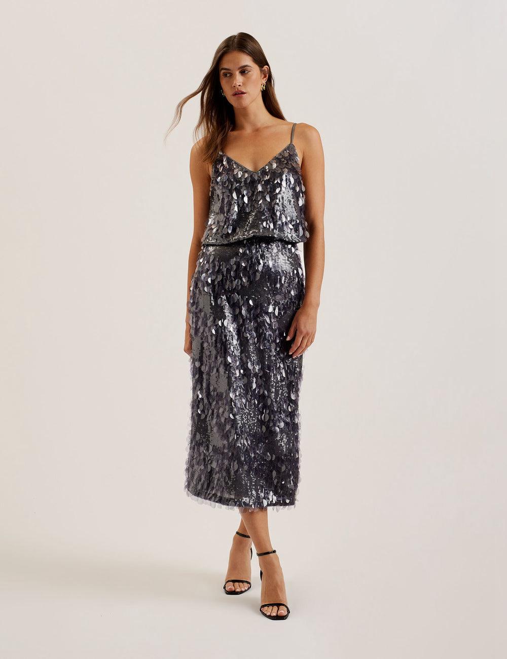 Ted Baker DORIDA - Mixed Sequin With Slit Women Midi Skirts Dk-Grey | UAE  45023-VPTA