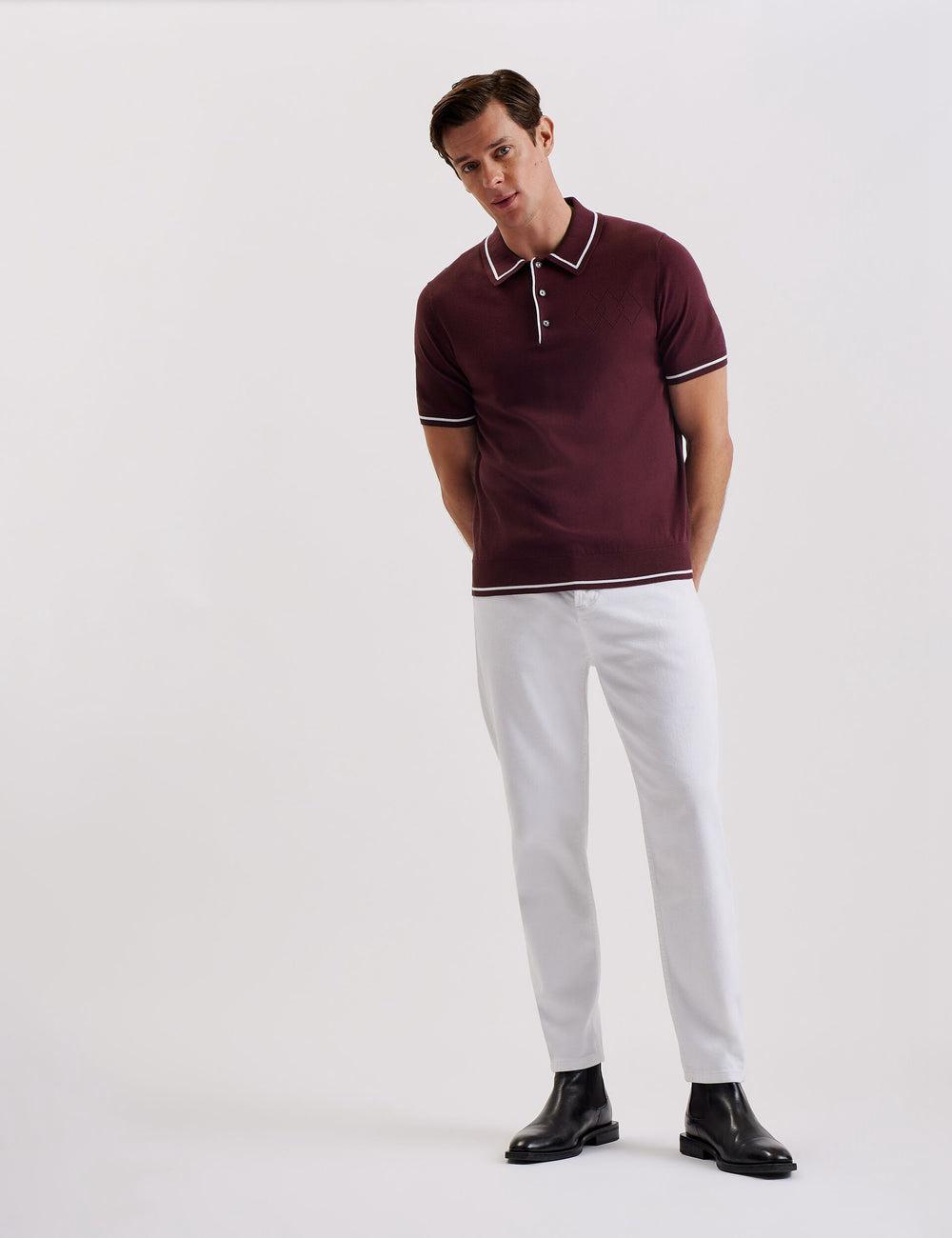 Ted Baker DUNOW - Pointelle Detail Striped Trim Men Polos Shirts Maroon | UAE  19785-ARCI