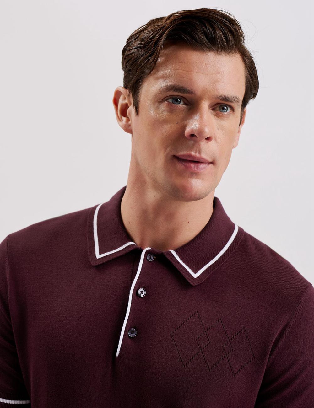 Ted Baker DUNOW - Pointelle Detail Striped Trim Men Polos Shirts Maroon | UAE  19785-ARCI