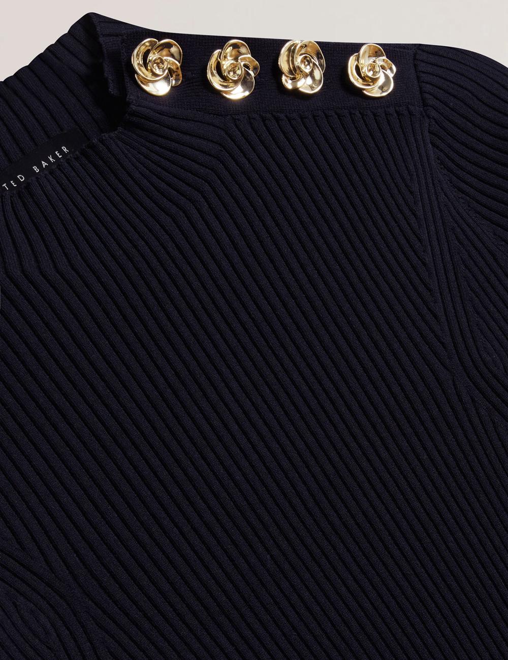 Ted Baker EELIIA - Ribbed Knit Short Sleeve With Rose Buttons Women Tops Navy | UAE  19628-OPNA