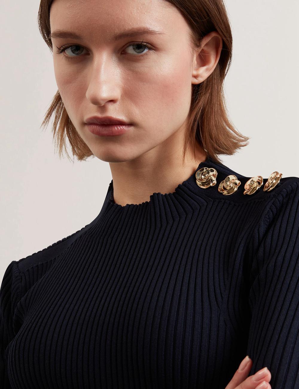 Ted Baker EELIIA - Ribbed Knit Short Sleeve With Rose Buttons Women Tops Navy | UAE  19628-OPNA