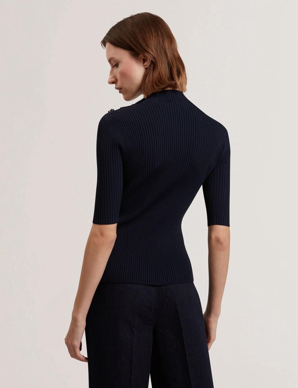 Ted Baker EELIIA - Ribbed Knit Short Sleeve With Rose Buttons Women Tops Navy | UAE  19628-OPNA