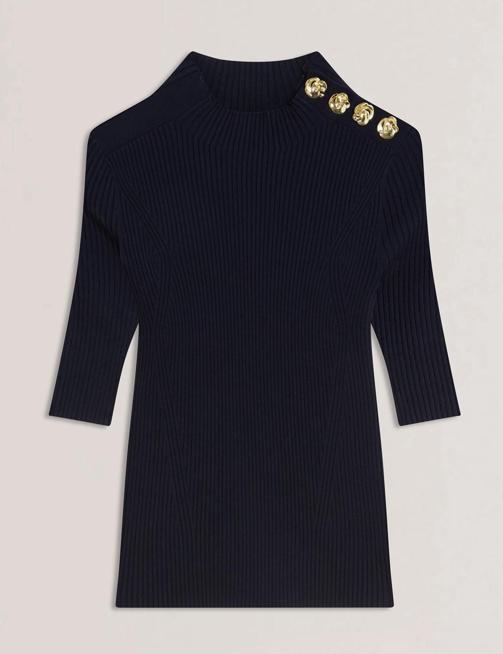 Ted Baker EELIIA - Ribbed Knit Short Sleeve With Rose Buttons Women Tops Navy | UAE  19628-OPNA