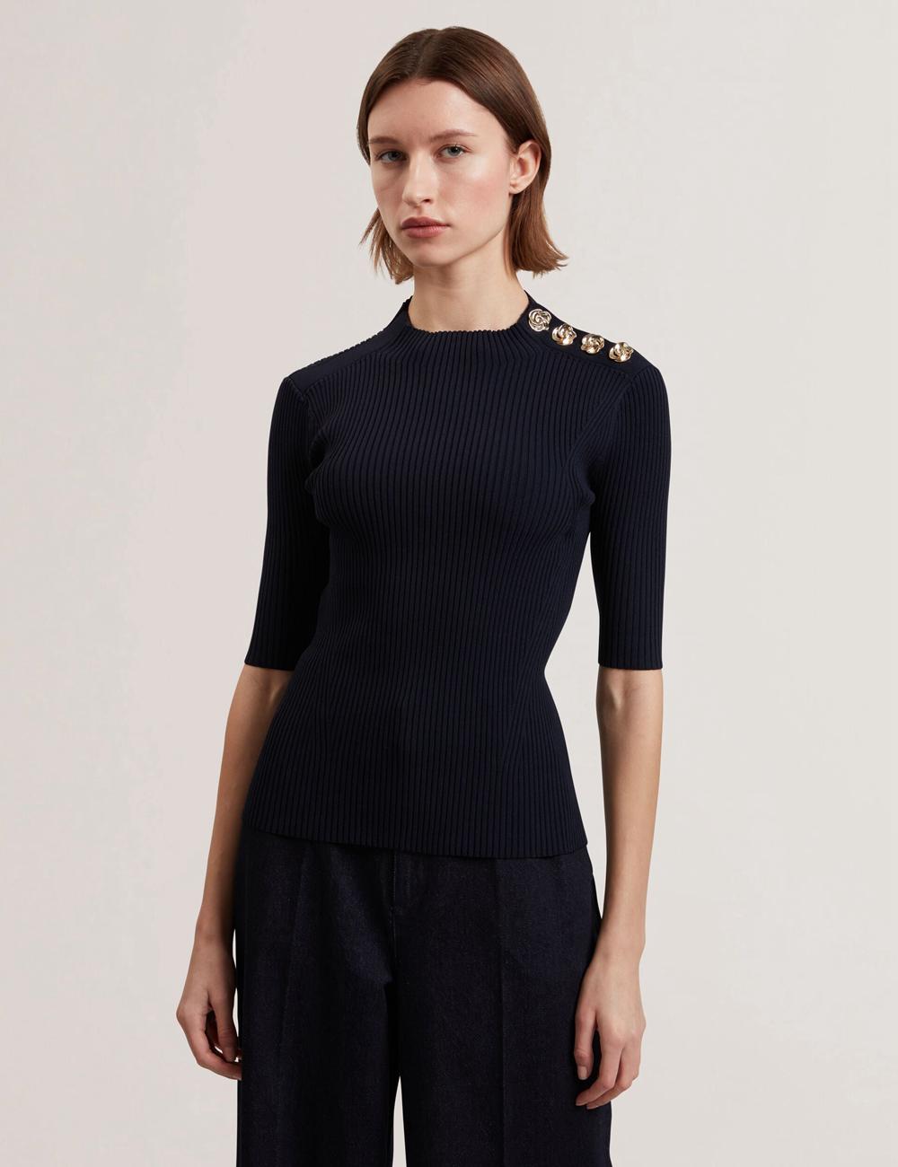 Ted Baker EELIIA - Ribbed Knit Short Sleeve With Rose Buttons Women Tops Navy | UAE  19628-OPNA