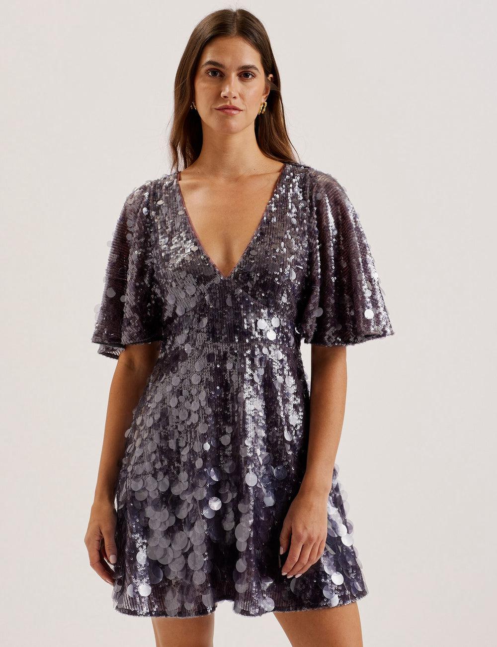 Ted Baker ELISONA - Sequin V-Neck Cape Sleeve Women Mini Dresses Dk-Grey | UAE  01725-LZMF