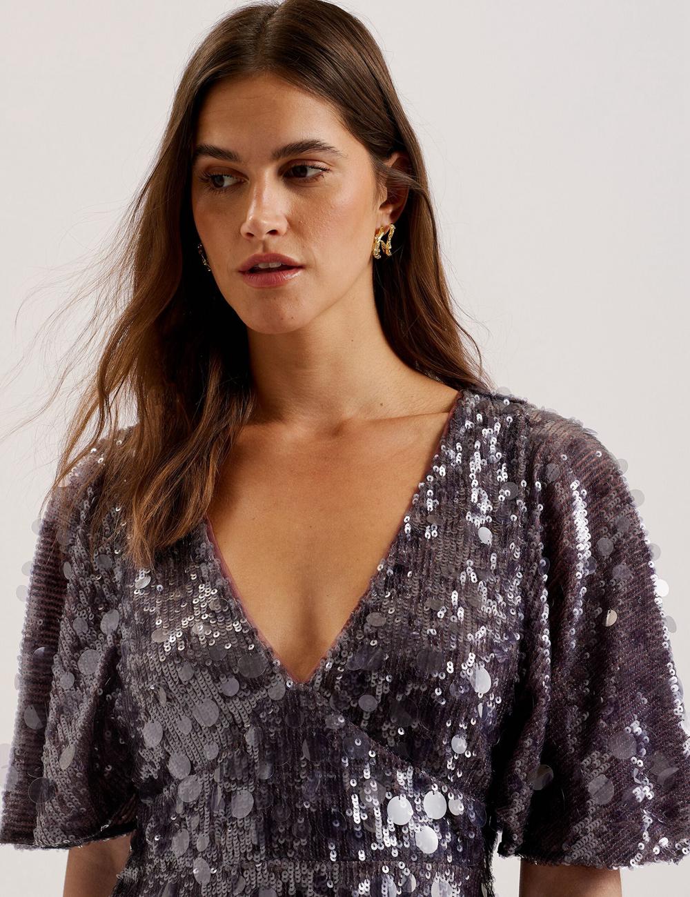 Ted Baker ELISONA - Sequin V-Neck Cape Sleeve Women Mini Dresses Dk-Grey | UAE  01725-LZMF