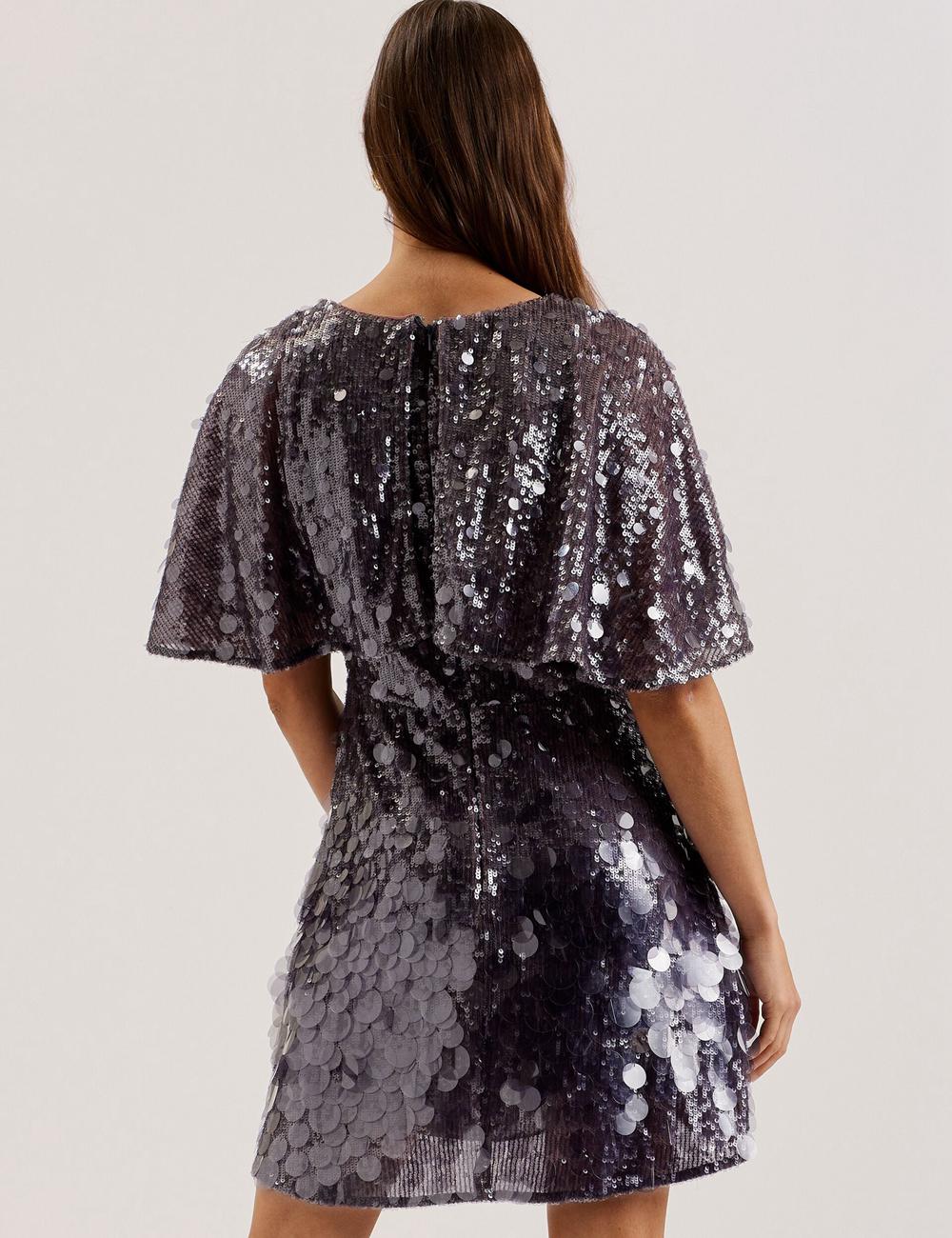 Ted Baker ELISONA - Sequin V-Neck Cape Sleeve Women Mini Dresses Dk-Grey | UAE  01725-LZMF