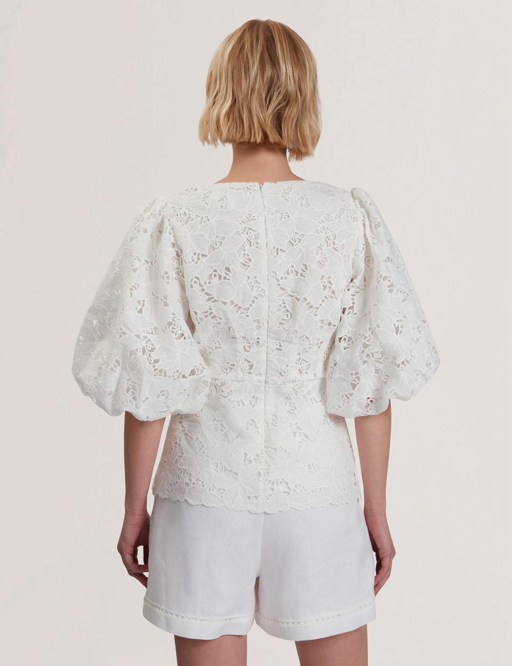Ted Baker ELLARI - Lace Puff Sleeve V-Neck Peplum Women Tops White | UAE  42618-RNSI