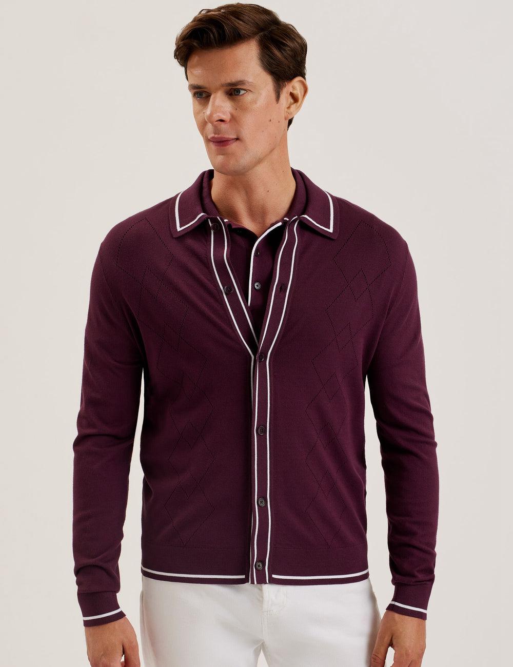 Ted Baker ELMDON - Pointelle Diamond Knitted Long Sleeve Men Casual Shirts Maroon | UAE  14508-MRLP