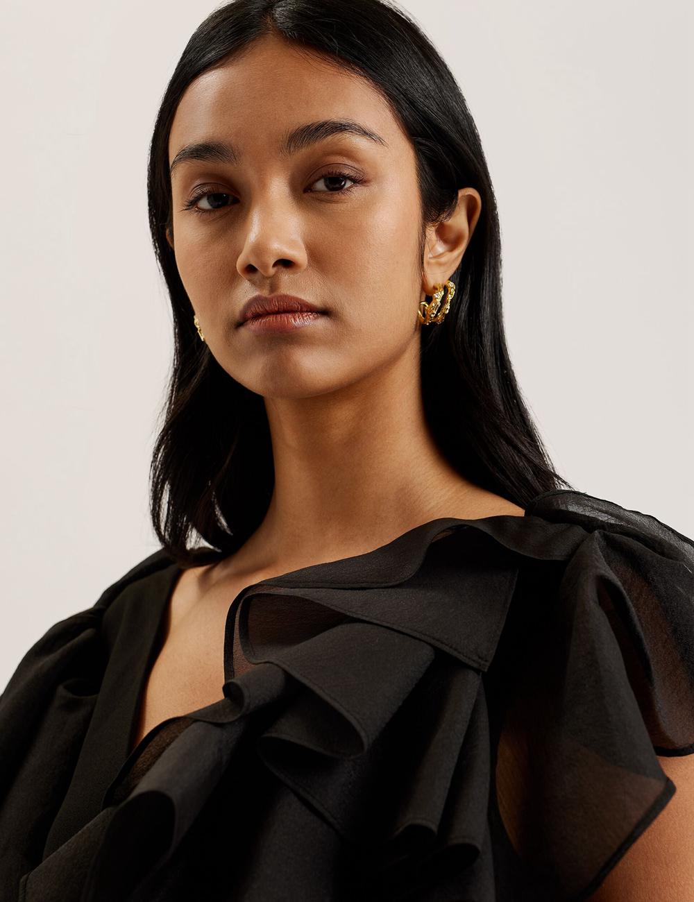 Ted Baker ELQUI - Oversized Ruffle Trim V-Neck Women Mini Dresses Black | UAE  24380-UJQN