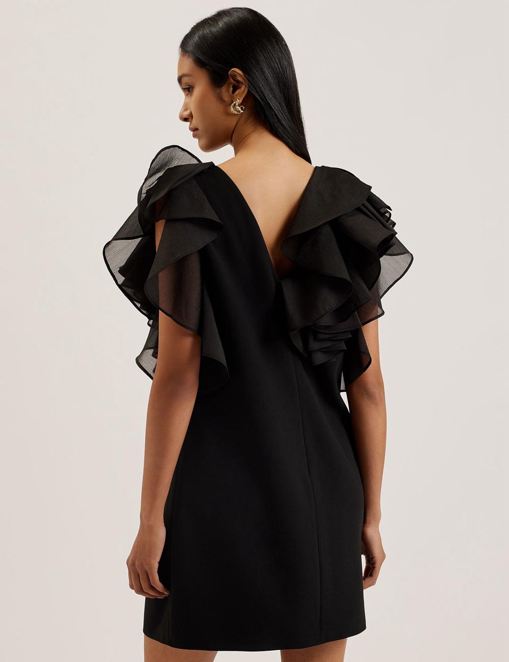 Ted Baker ELQUI - Oversized Ruffle Trim V-Neck Women Mini Dresses Black | UAE  24380-UJQN