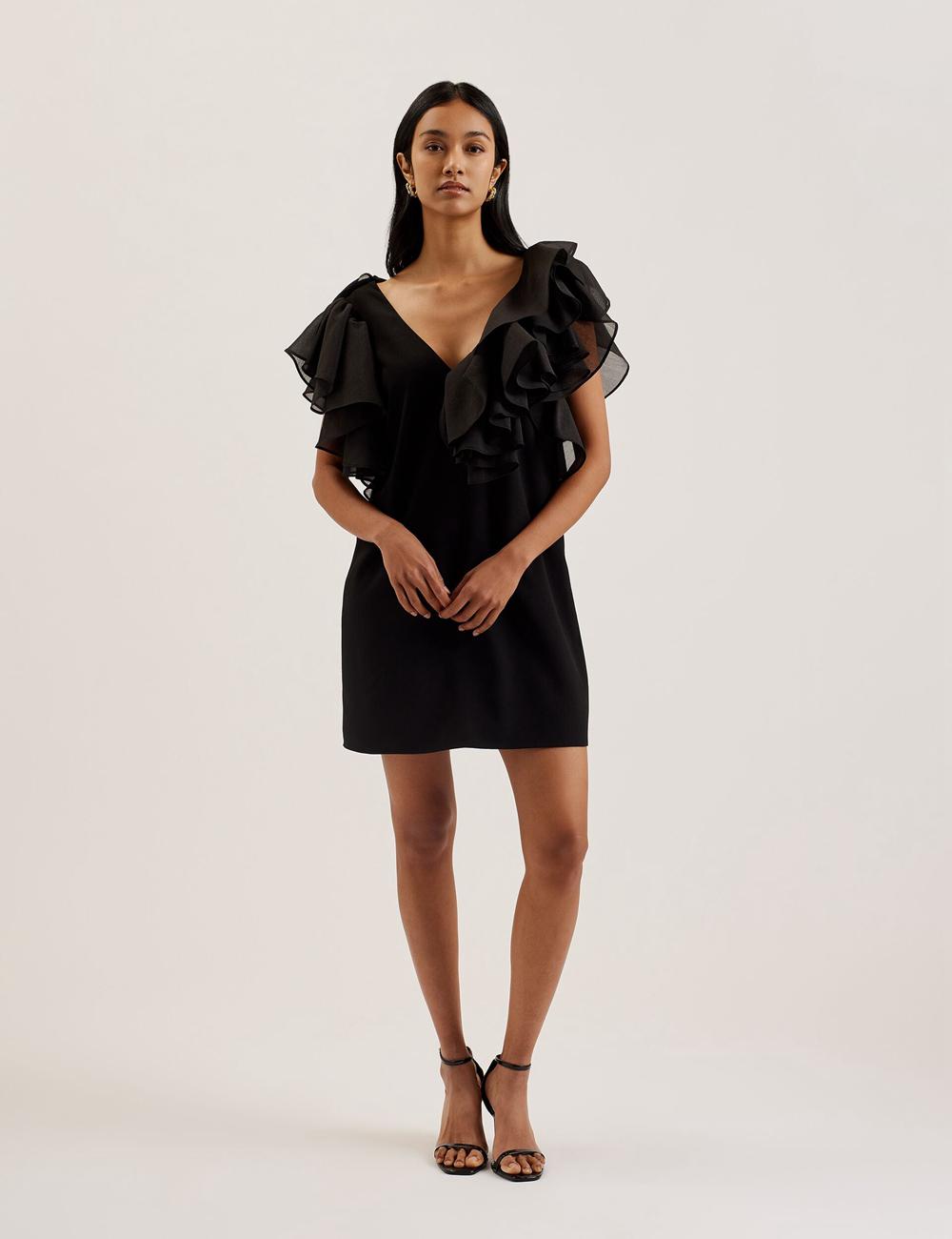 Ted Baker ELQUI - Oversized Ruffle Trim V-Neck Women Mini Dresses Black | UAE  24380-UJQN