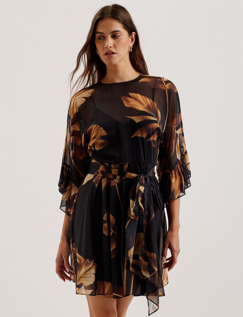 Ted Baker ELSTER - Printed Chiffon With Waist Women Mini Dresses Black | UAE  08517-YRNV