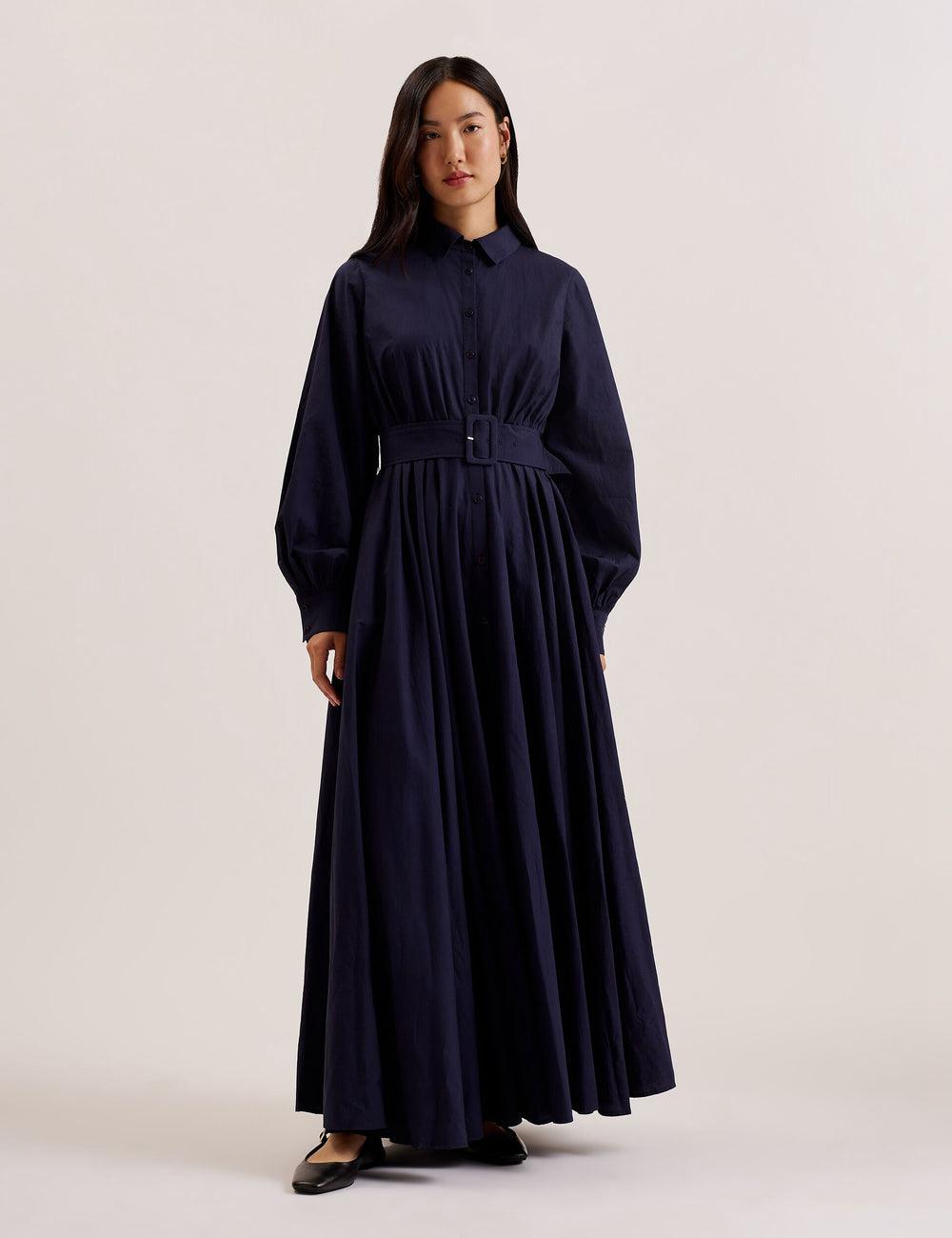 Ted Baker ENE - Cotton Maxi Shirt Dress With Belt Women Maxi Dresses Navy | UAE  60941-WISM