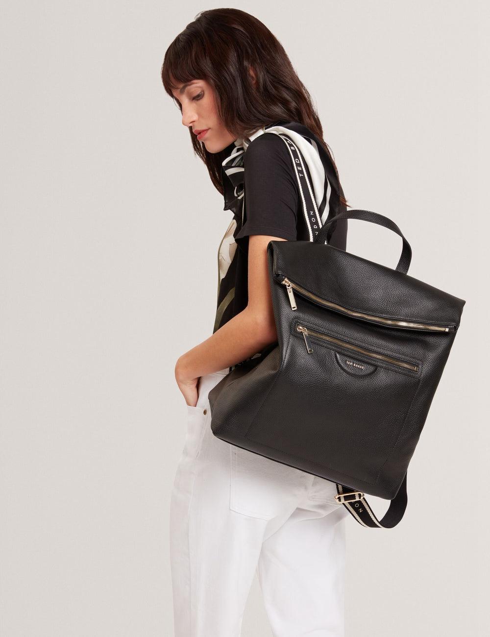 Ted Baker ESSAYA - Leather Webbing Strap Fold Over Women Backpacks Black | UAE  12945-UYOP