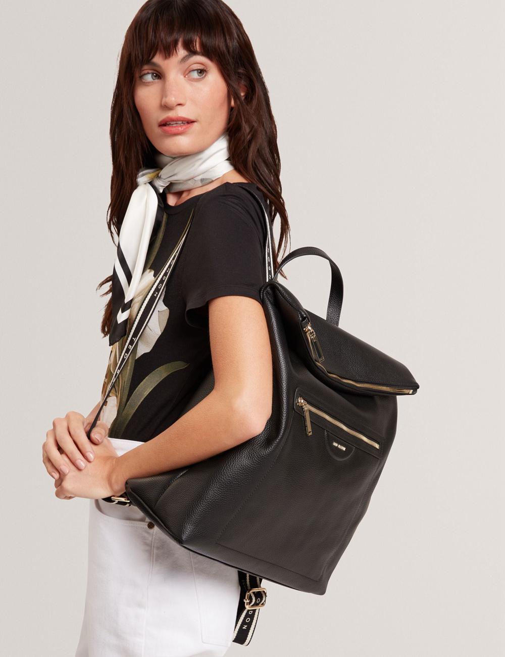 Ted Baker ESSAYA - Leather Webbing Strap Fold Over Women Backpacks Black | UAE  12945-UYOP