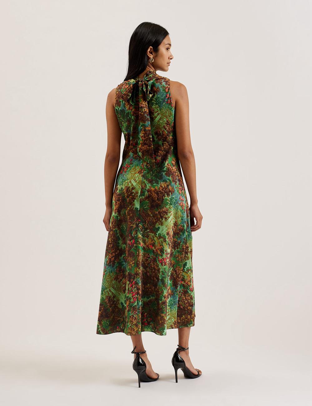 Ted Baker EYVA - Satin Printed High Neck Midi Slip Women Midi Dresses Green | UAE  68749-BZDF