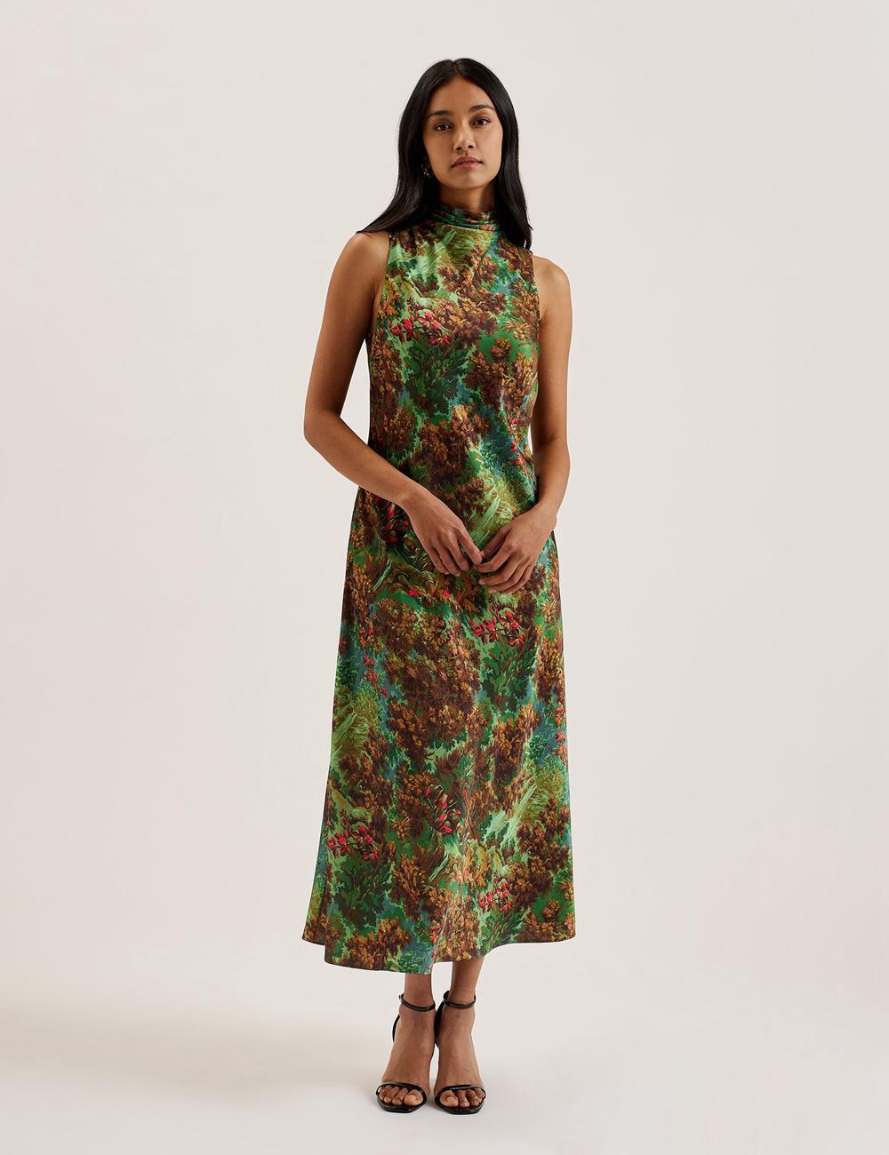Ted Baker EYVA - Satin Printed High Neck Midi Slip Women Midi Dresses Green | UAE  68749-BZDF