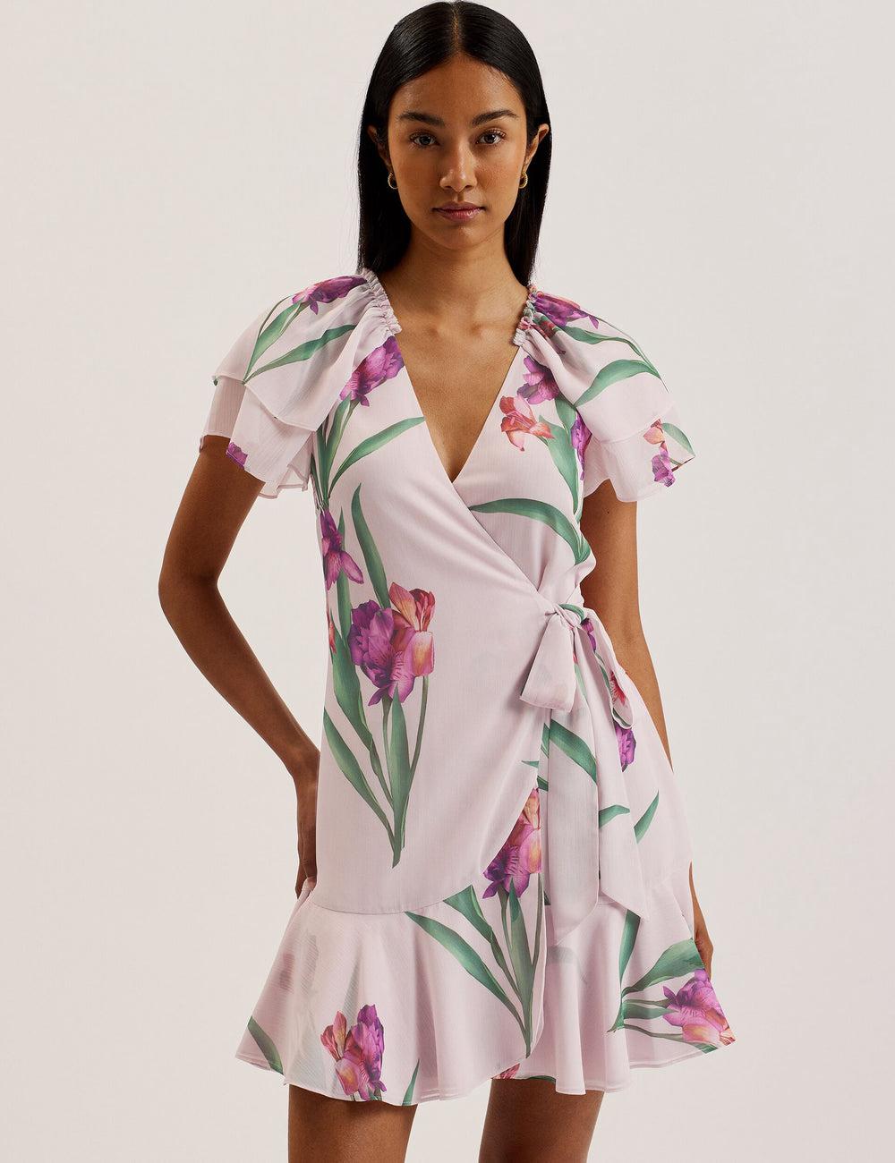 Ted Baker FASNIA - Floral Angel Sleeve Wrap Women Mini Dresses Pink | UAE  19758-PFMK