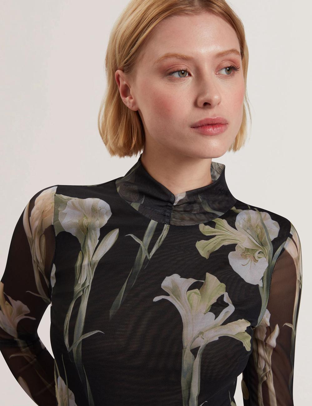 Ted Baker FIAAHH - Floral Print High Neck Sheer Mesh Women Tops Black | UAE  71032-BSAU