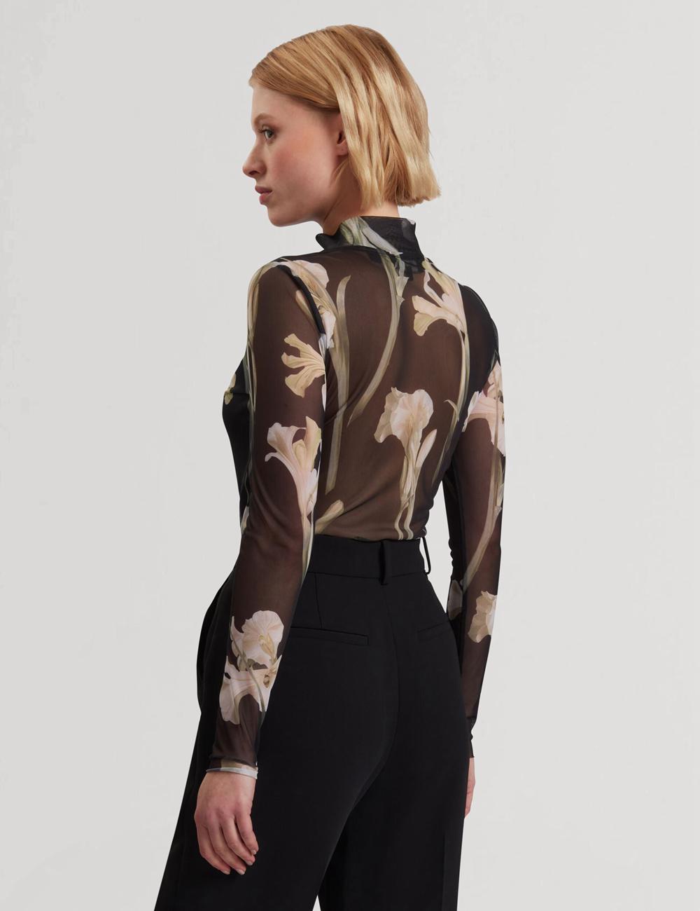 Ted Baker FIAAHH - Floral Print High Neck Sheer Mesh Women Tops Black | UAE  71032-BSAU