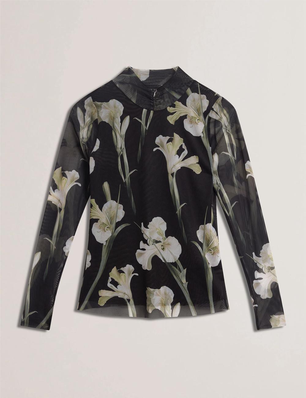 Ted Baker FIAAHH - Floral Print High Neck Sheer Mesh Women Tops Black | UAE  71032-BSAU