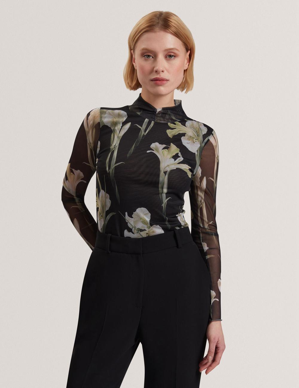 Ted Baker FIAAHH - Floral Print High Neck Sheer Mesh Women Tops Black | UAE  71032-BSAU