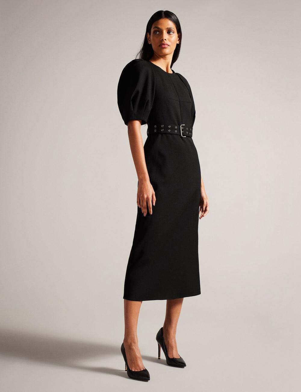 Ted Baker GABYELA - Structured Puff Sleeve With Belt Women Midi Dresses Black | UAE  67409-VDLJ