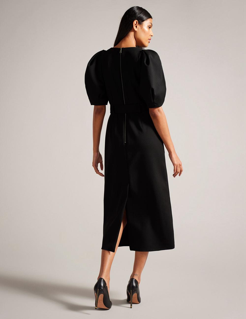 Ted Baker GABYELA - Structured Puff Sleeve With Belt Women Midi Dresses Black | UAE  67409-VDLJ