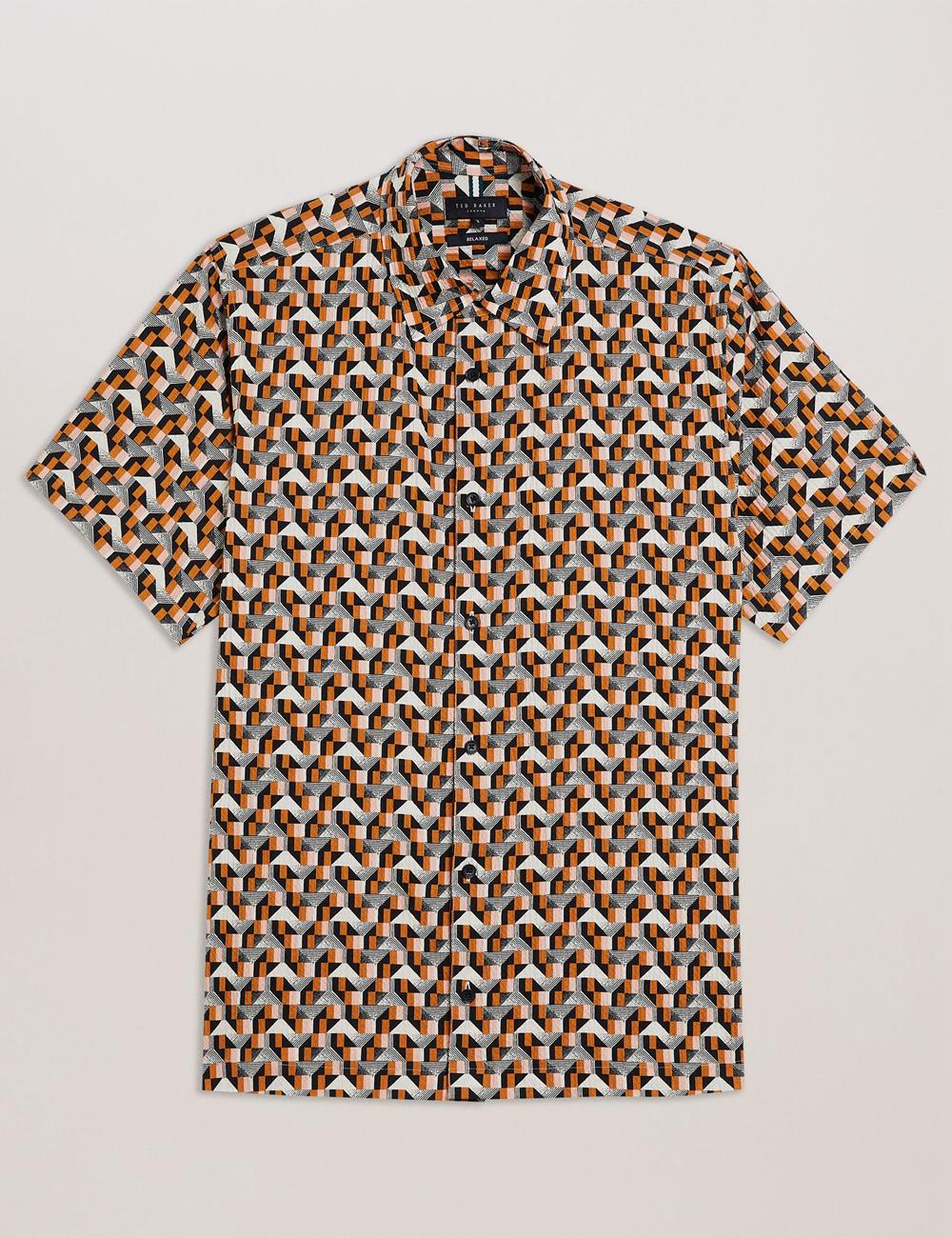 Ted Baker GASTONS - Short Sleeve Geo Print Seersucker Men Casual Shirts Pink | UAE  72095-SCAI