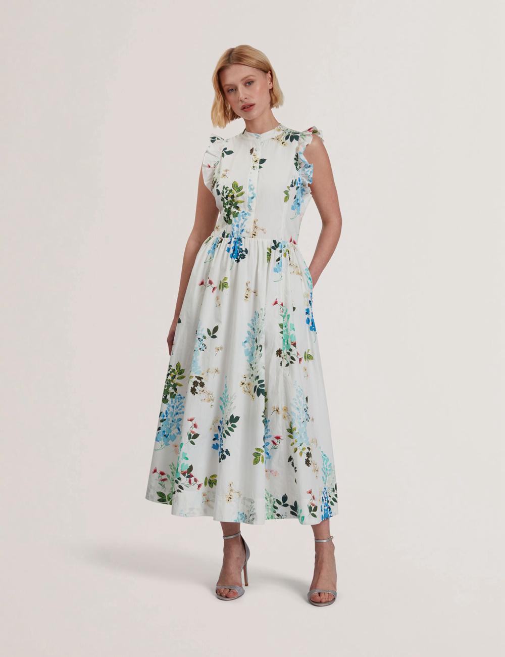Ted Baker GIOLIA - Sleeveless Floral Cotton A-Line Women Midi Dresses White | UAE  08413-OTUP