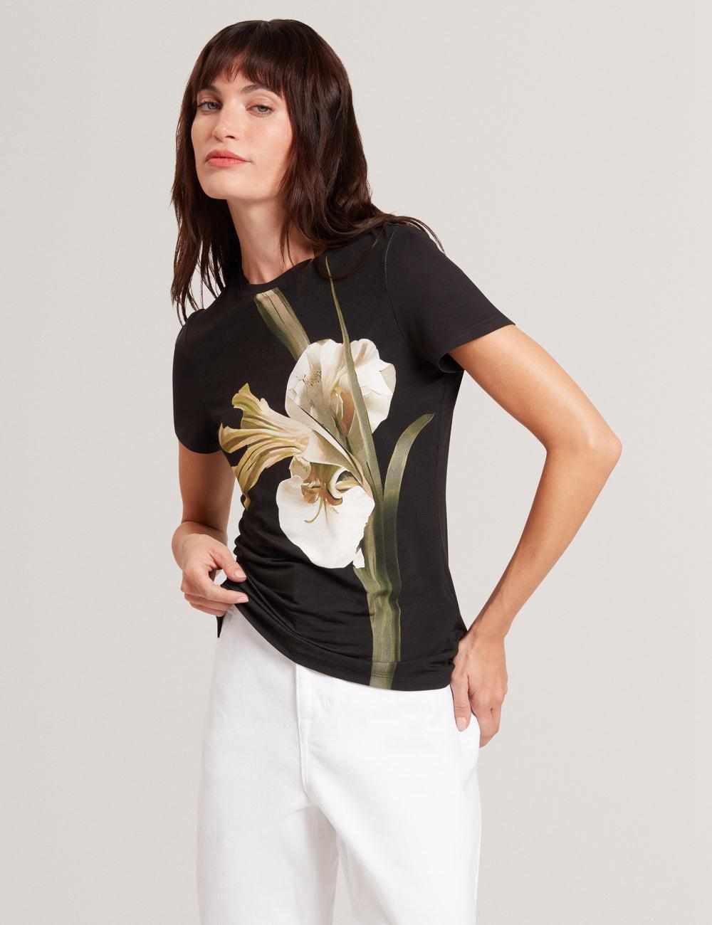 Ted Baker GORGAA - Floral Graphic Fitted Short Sleeve Women T-Shirts Black | UAE  15982-QWAP