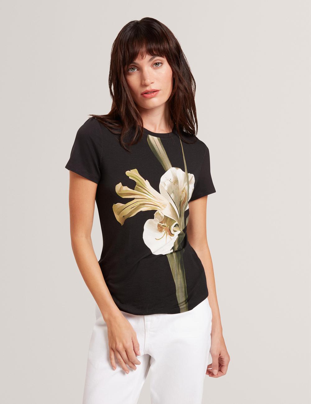 Ted Baker GORGAA - Floral Graphic Fitted Short Sleeve Women T-Shirts Black | UAE  15982-QWAP
