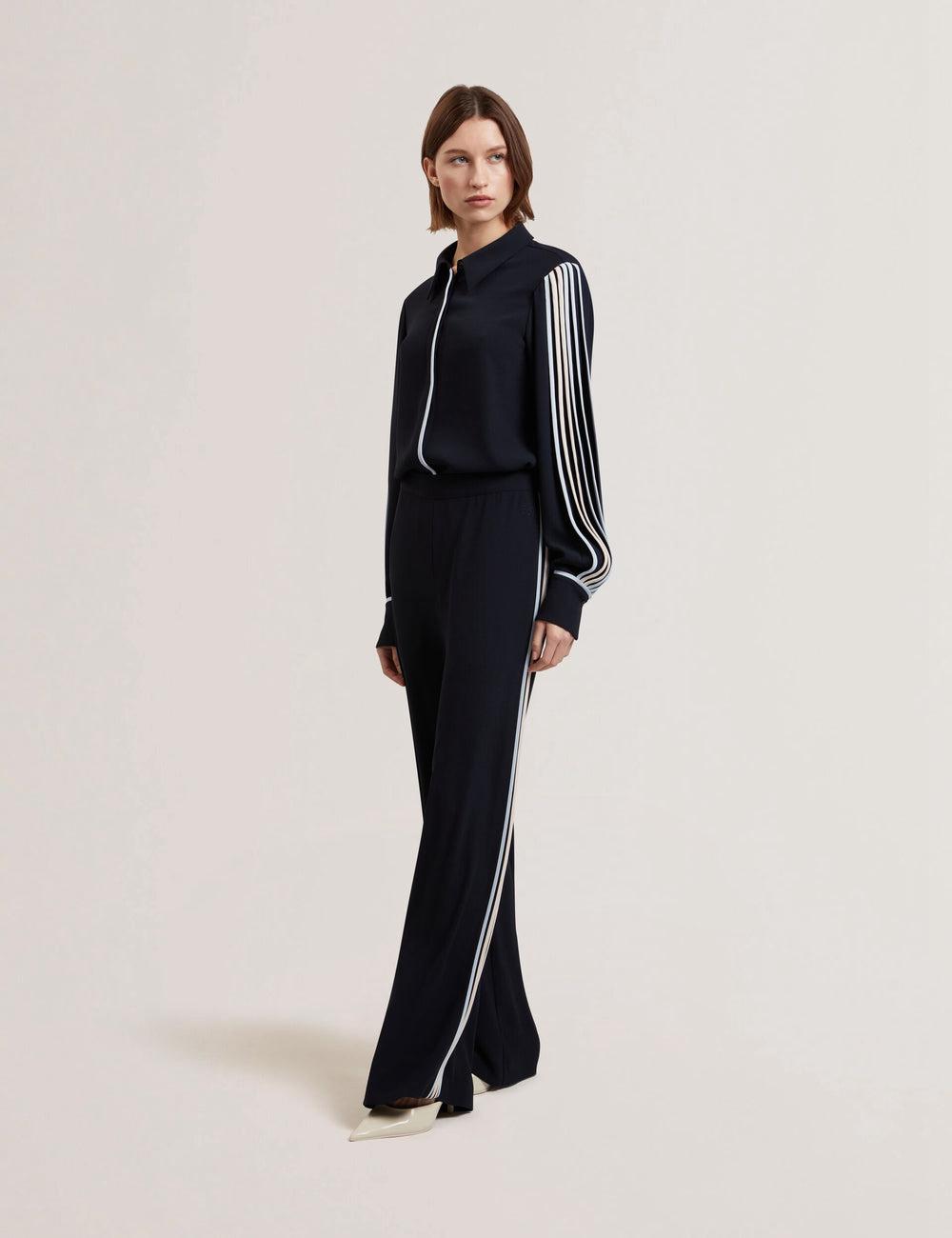Ted Baker GORJJA - Piping Detail Wide Leg Crepe Women Trousers Navy | UAE  52738-LKXC