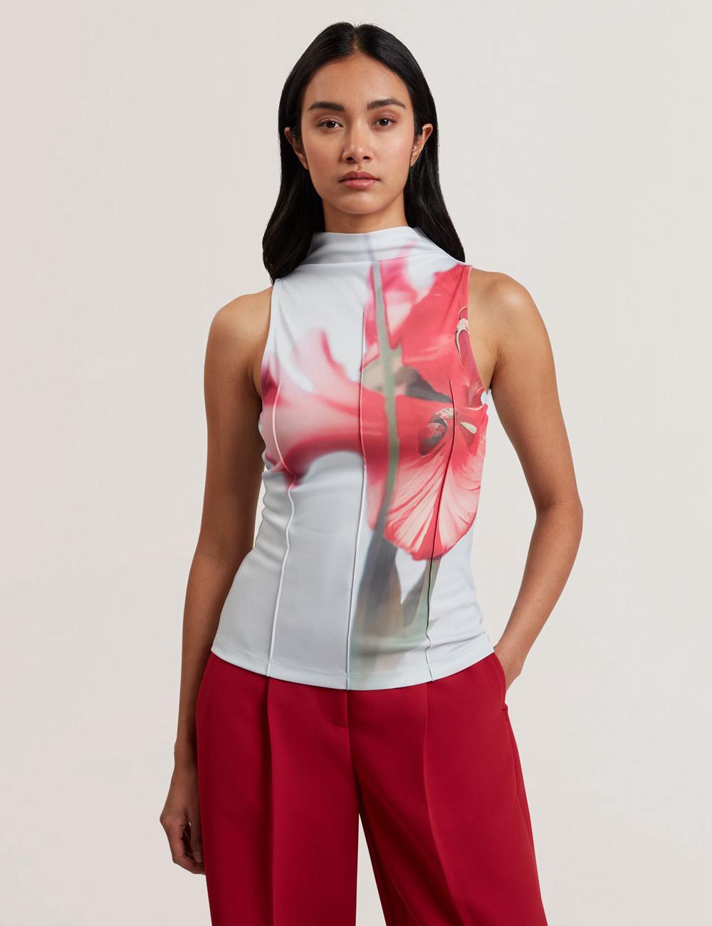 Ted Baker HARPLNN - Floral High Neck Jersey Women Tank Tops Blue | UAE  17639-KMDN