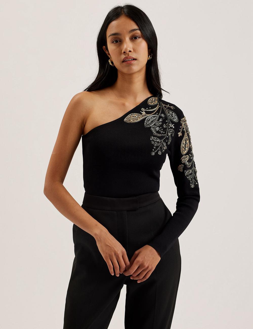 Ted Baker HEATHRR - One Shoulder Embellished Detail Women Tops Black | UAE  13704-LZMF
